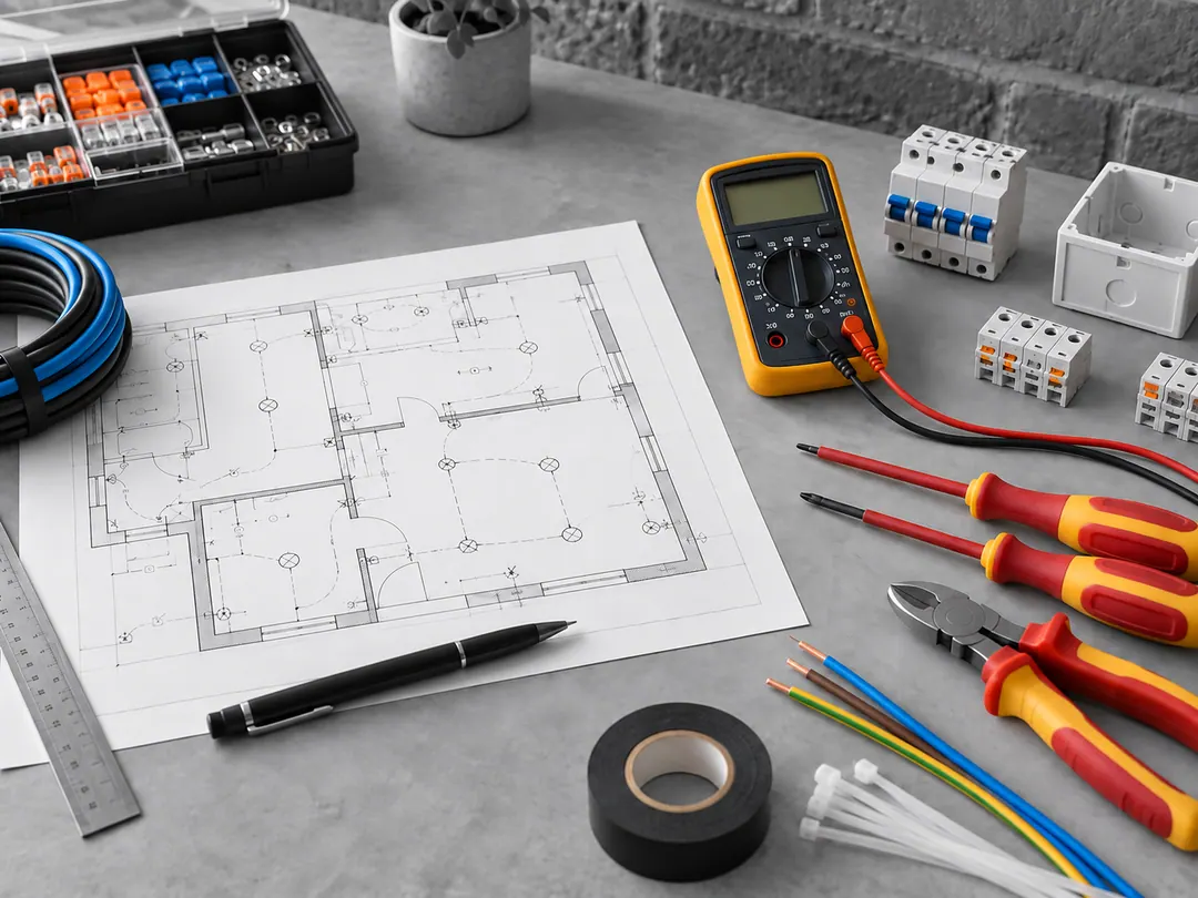 Plan électrique et outils isolés disposés sur un établi propre
